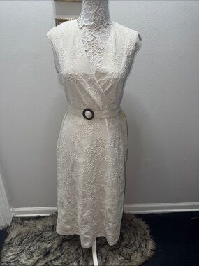 Zara Cream Lace Wrap Midi Dress with Belt